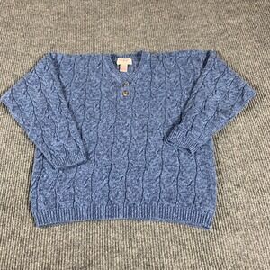 VTG American Weekend Sweater Womens Large Blue Henley Cable Knit Heavy‎ Hiking